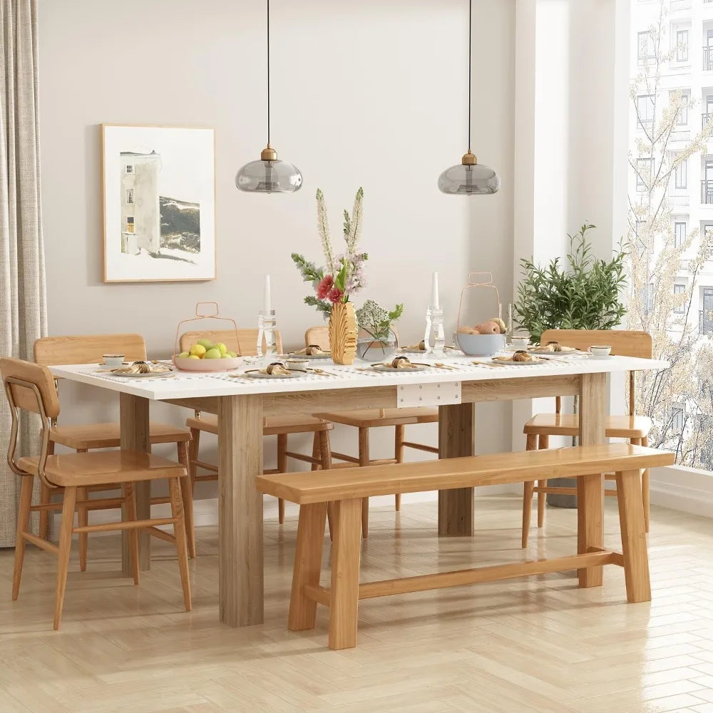 Extendable Dining Table for 6-10 People, Modern Wood Rectangular Expandable Kitchen Dinner Table for Dining Room, White and Wal