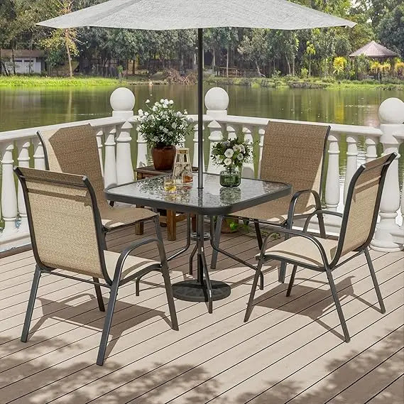 Patio Dining Set for 4, Outdoor Table and Chairs Set with Textured Glass Table, 4 Stackable Patio Chairs, Outdoor Furniture Set