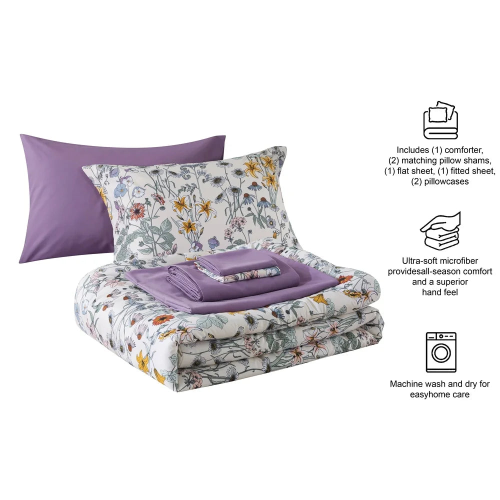 7 Piece Reversible Comforter Set with Sheets Floral Design Soft Polyester Includes Pillow Shams Storage Bag Unisex Bedding