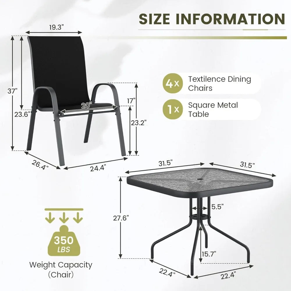 Patio Dining Set for 4, Outdoor Table and Chairs Set with Textured Glass Table, 4 Stackable Patio Chairs, Outdoor Furniture Set