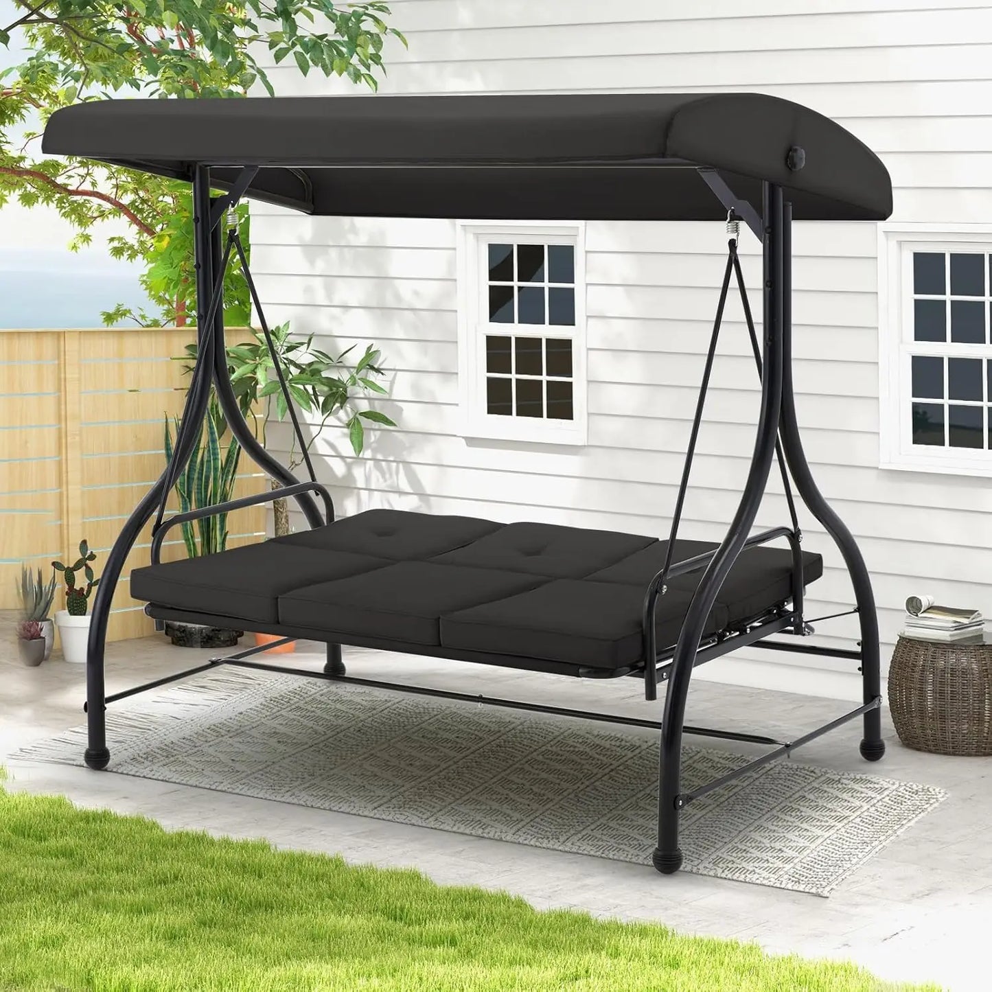 Porch Swing Chair with Adjustable Backrest&Canopy, 3 Seat Patio Swing with Canopy 2-in-1 Convertible Outdoor Swing