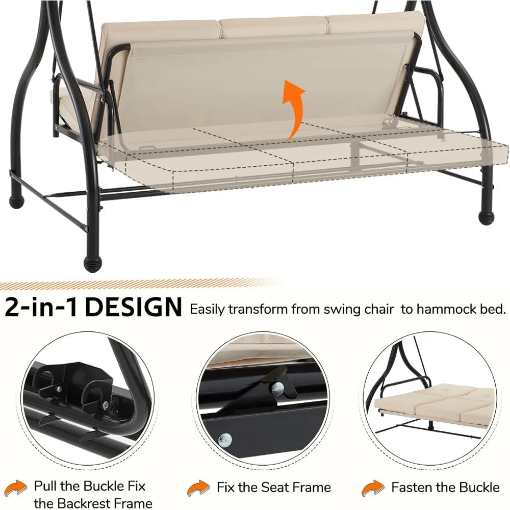 Porch Swing Chair with Adjustable Backrest&Canopy, 3 Seat Patio Swing with Canopy 2-in-1 Convertible Outdoor Swing