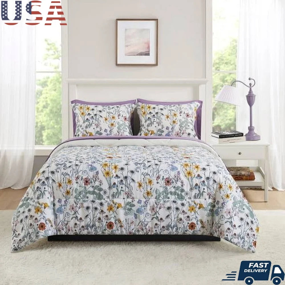 7 Piece Reversible Comforter Set with Sheets Floral Design Soft Polyester Includes Pillow Shams Storage Bag Unisex Bedding