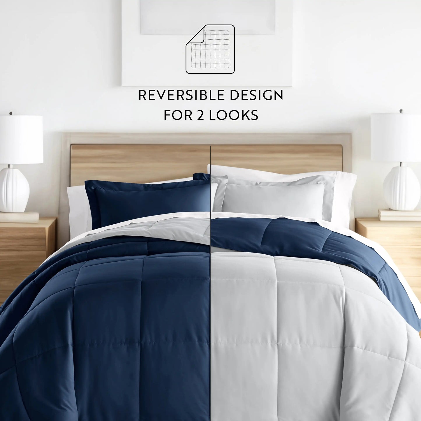 3-Piece Navy & Gray Reversible down Alternative Comforter Set, Full/Queen