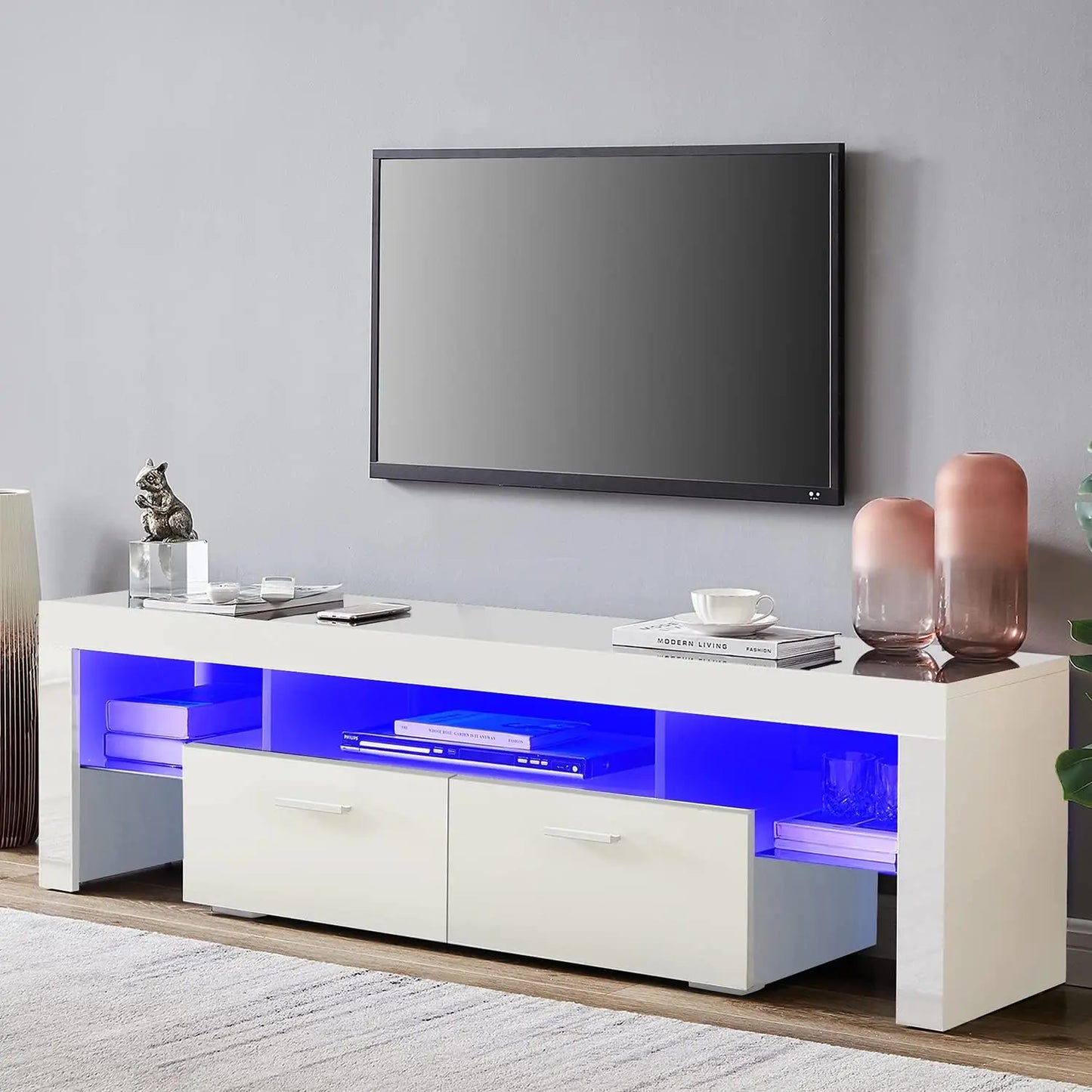 LED TV Stand for 75 Inch TV, High Gloss TV Entertainment Center with Storage Drawer, TV Console Table for Living Room, Bedroom