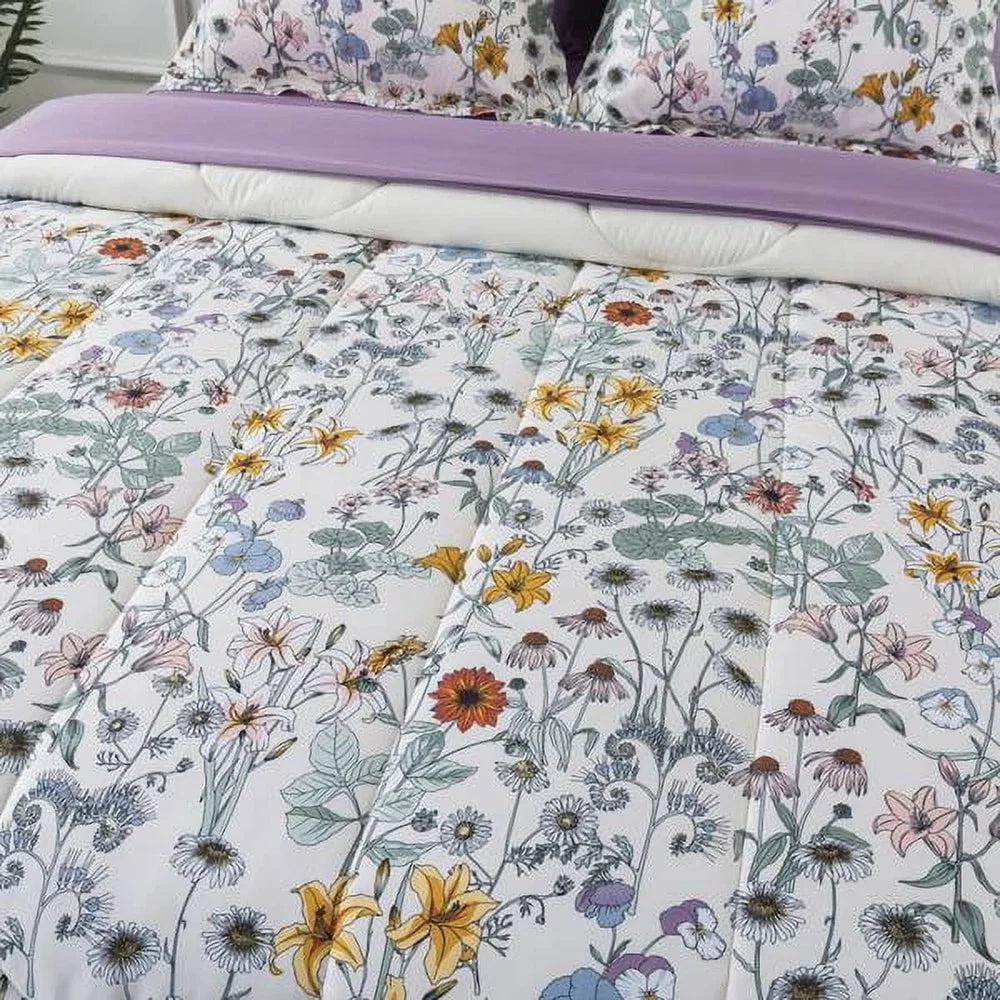 7 Piece Reversible Comforter Set with Sheets Floral Design Soft Polyester Includes Pillow Shams Storage Bag Unisex Bedding