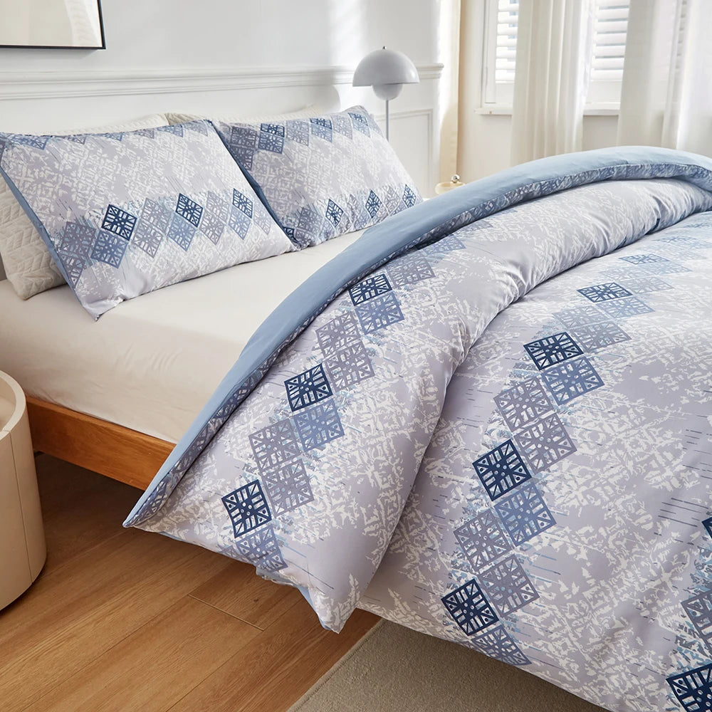 Duvet Cover Set, Bohemian Aztec Blue White Cream Bohemian Geometric Duvet Cover Set, Super Soft Lightweight 3 Piece Bedding Set
