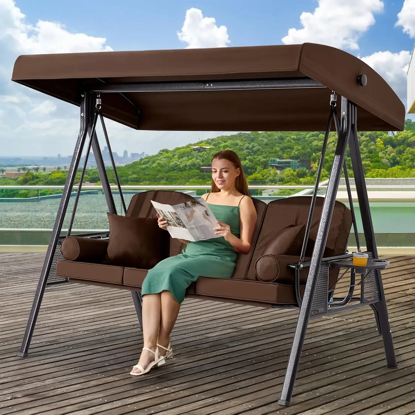 Outdoor Porch Swing with Adjustable Canopy, 3 Seat Outdoor Swing for Adults, Patio Swing Chair with Thickened Cushions