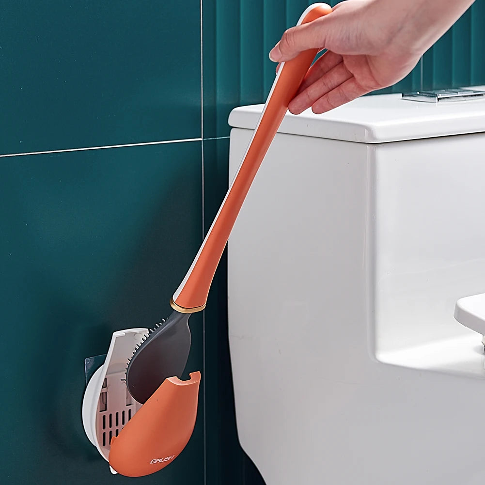 Modern Toilet Cleaning Brush&Holder Set Wall-Mounted Silicone Cleaning Brush Quick Drying Punchless for Home Bathroom