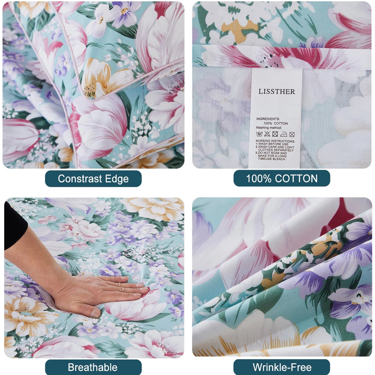 3pcs 600TC 100% Egyptian Cotton Duvet Cover Set, Pastel Pink Blue Garden Floral, Soft Skin-Friendly (No Inserts)