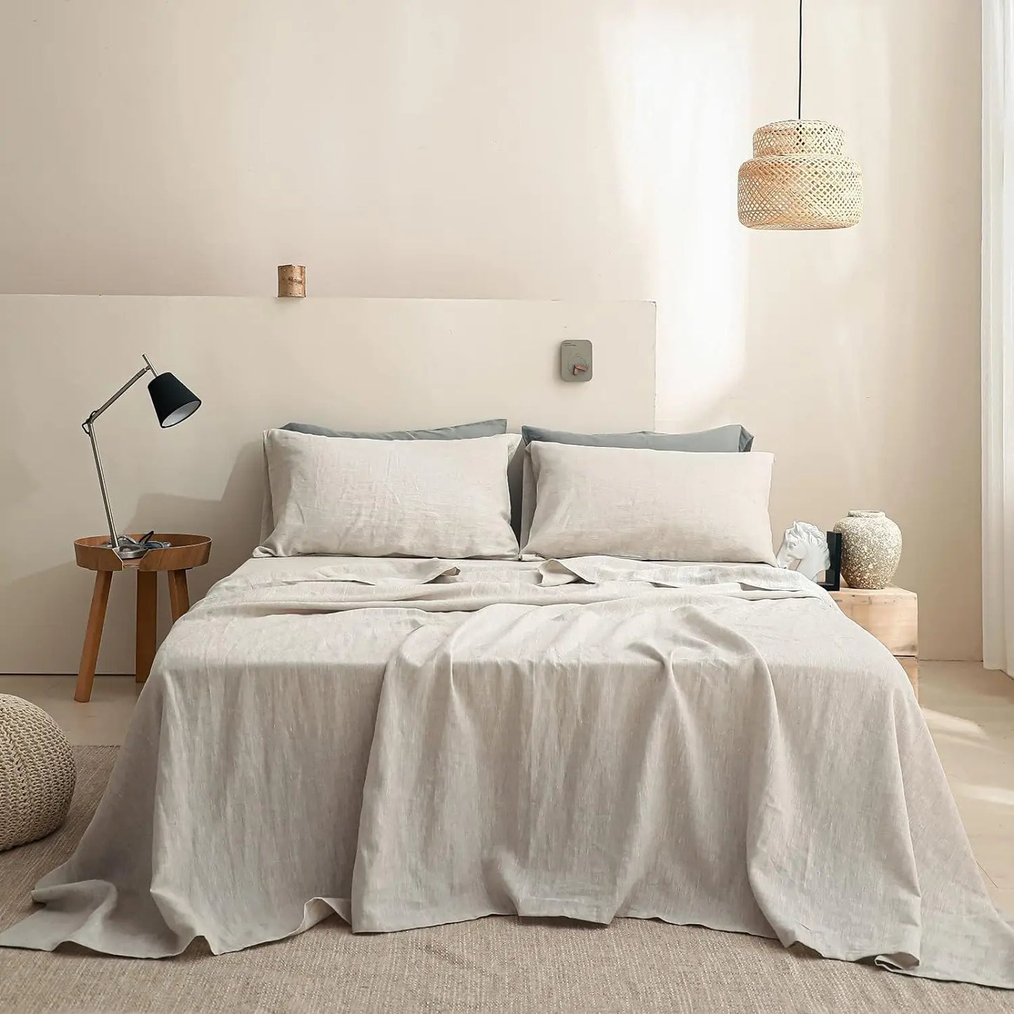 Simple&Opulence 3/4 Pcs 100% Bed Linen Sheet Set Basic Style Washed Natural French Flax Soft Breathable Comforter Sheets Sets