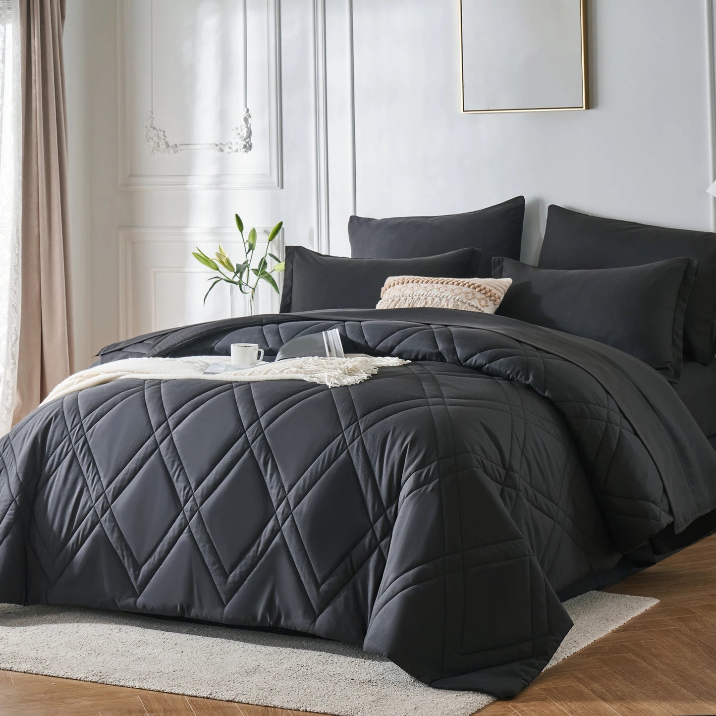 7-Pcs Solid Comforter sets, soft comfortable, Bedding Sets, room decor, all seasons, ideal gift, Queen/King