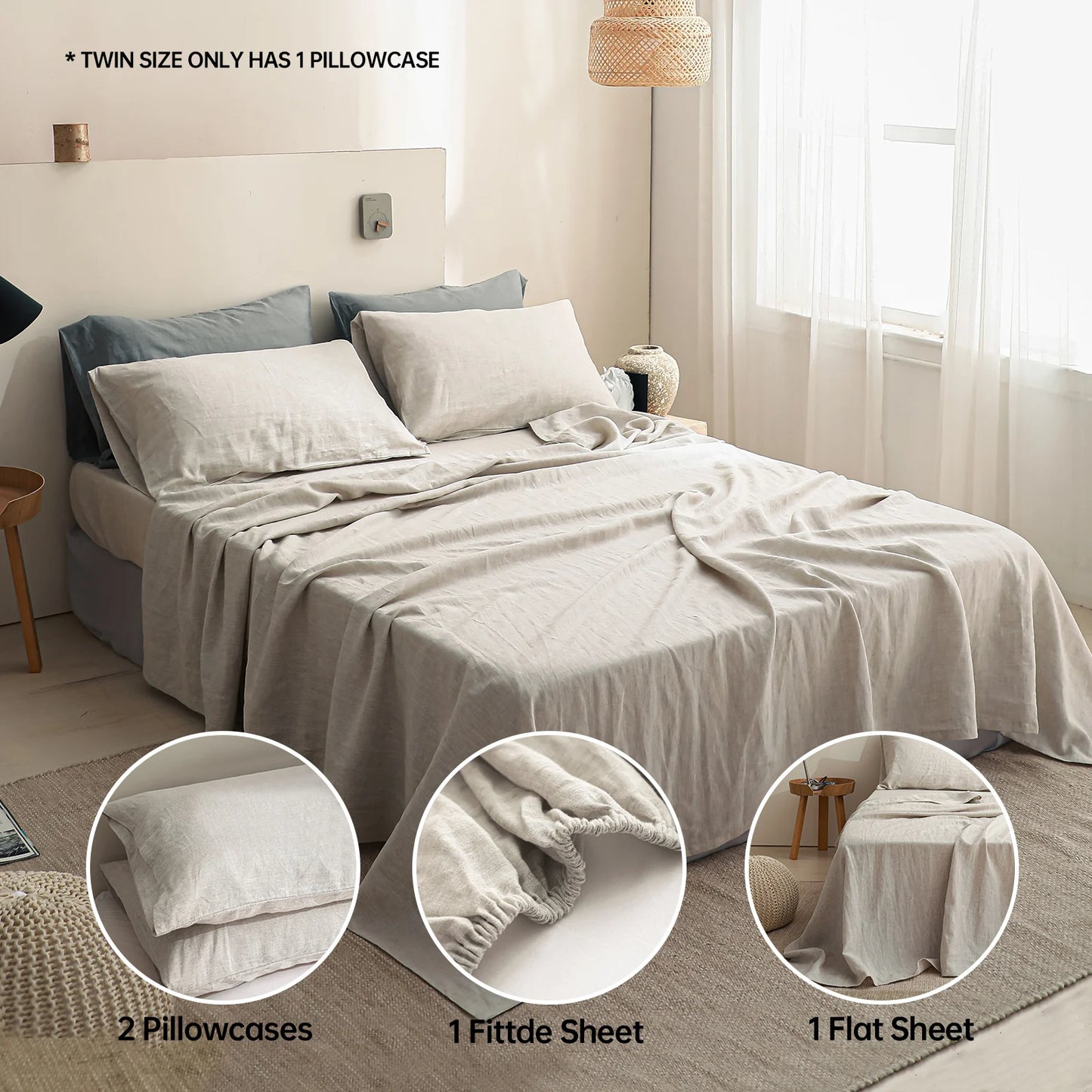 Simple&Opulence 3/4 Pcs 100% Bed Linen Sheet Set Basic Style Washed Natural French Flax Soft Breathable Comforter Sheets Sets