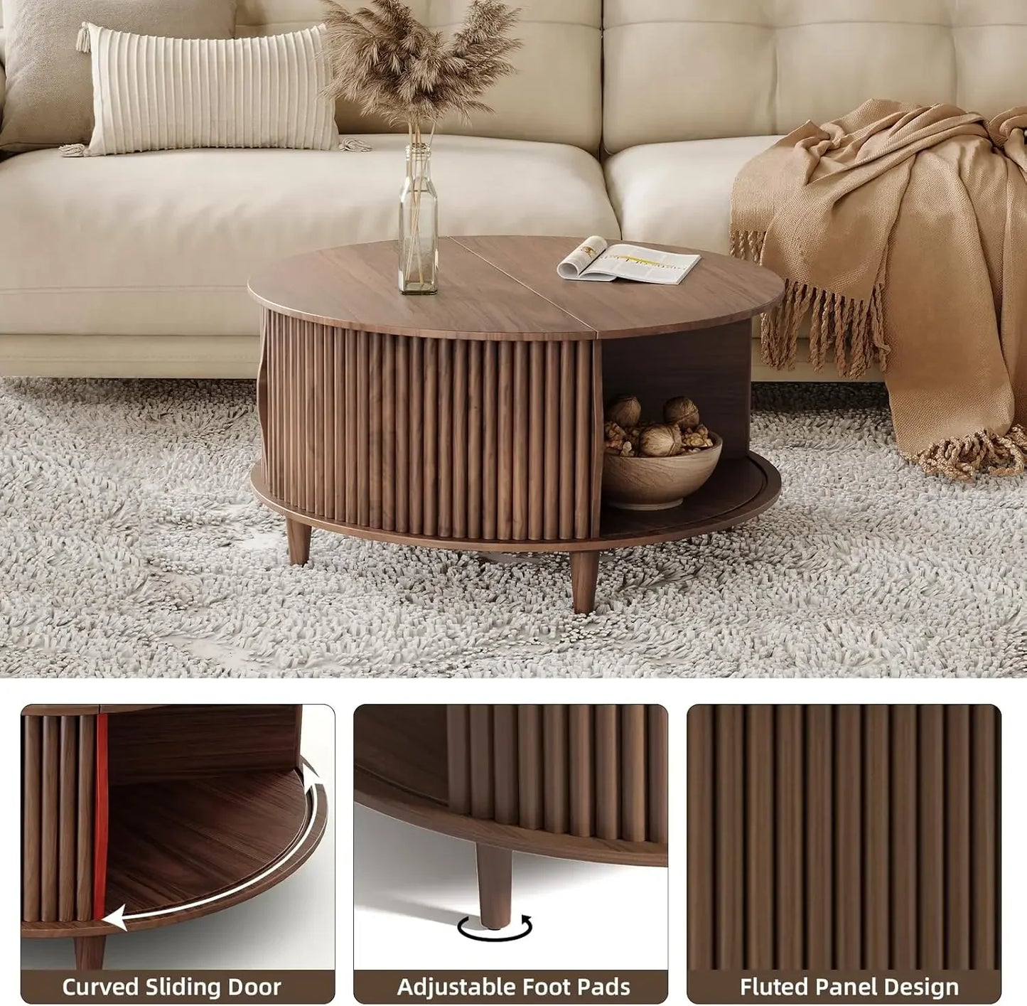 Round Coffee Table with Storage Mid Century Modern Dining Table with Sliding Cabinet Door for Living Room Home Center Table