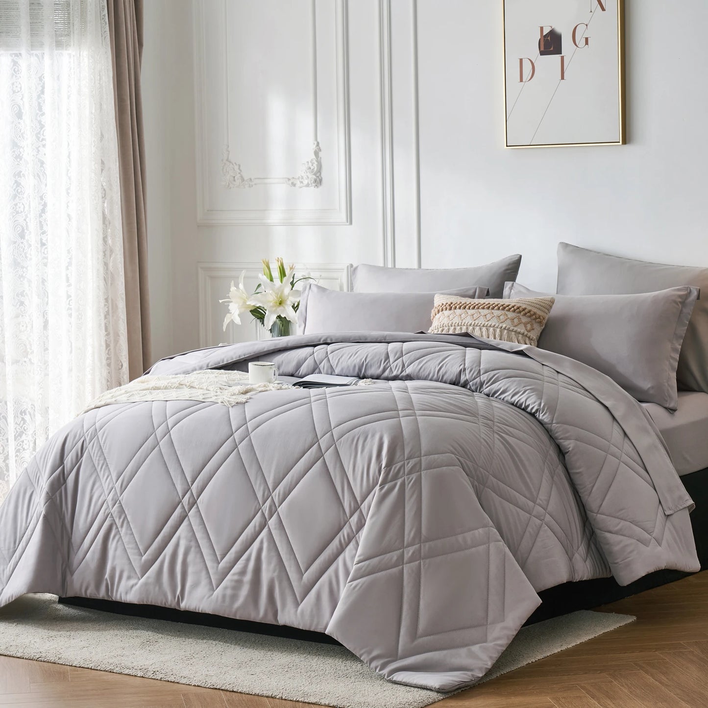 7-Pcs Solid Comforter sets, soft comfortable, Bedding Sets, room decor, all seasons, ideal gift, Queen/King