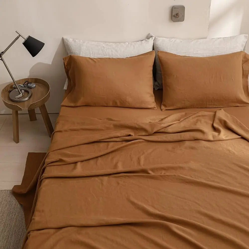 Simple&Opulence 3/4 Pcs 100% Bed Linen Sheet Set Basic Style Washed Natural French Flax Soft Breathable Comforter Sheets Sets