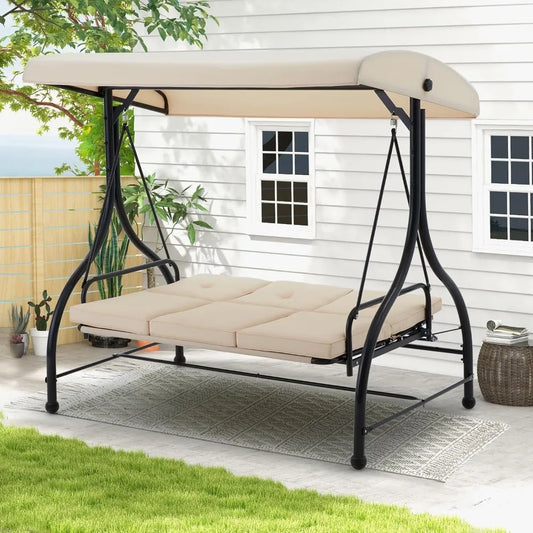 Porch Swing Chair with Adjustable Backrest&Canopy,  3 Seat Patio Swing with Canopy 2-in-1 Convertible Outdoor Swing