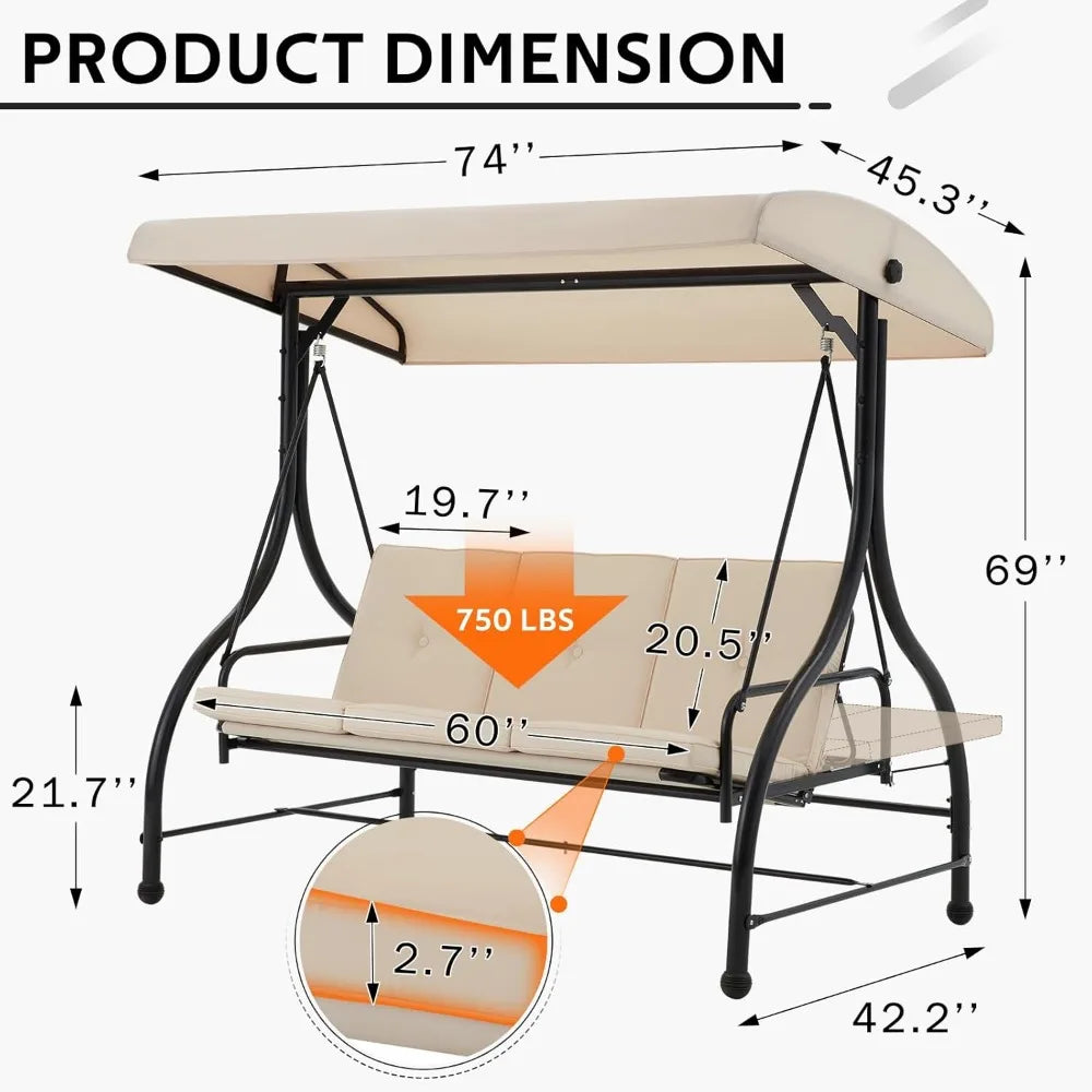Porch Swing Chair with Adjustable Backrest&Canopy,  3 Seat Patio Swing with Canopy 2-in-1 Convertible Outdoor Swing