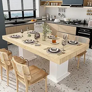 Extendable Dining Table for 6-10 People, Modern Wood Rectangular Expandable Kitchen Dinner Table for Dining Room, White and Wal