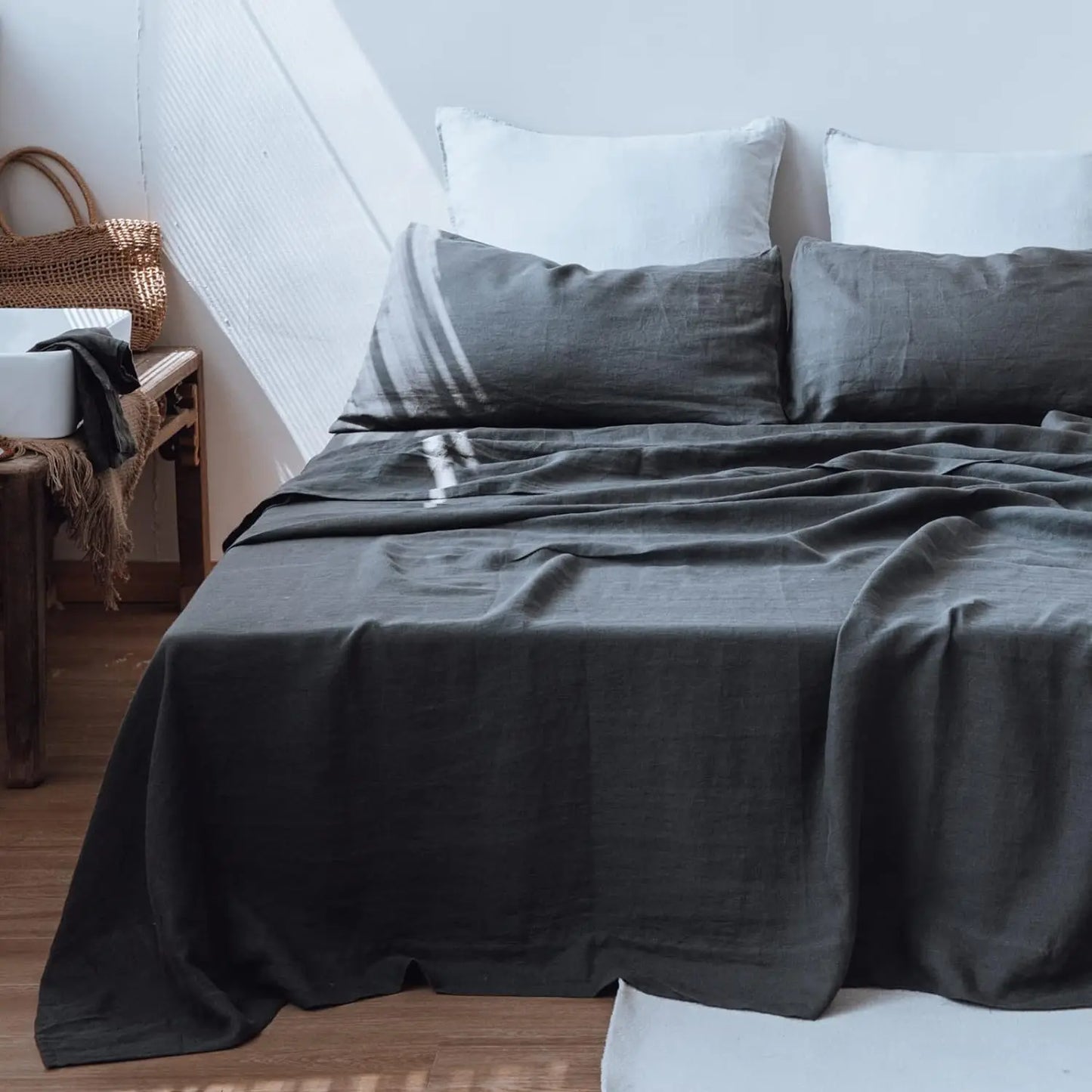 Simple&Opulence 3/4 Pcs 100% Bed Linen Sheet Set Basic Style Washed Natural French Flax Soft Breathable Comforter Sheets Sets