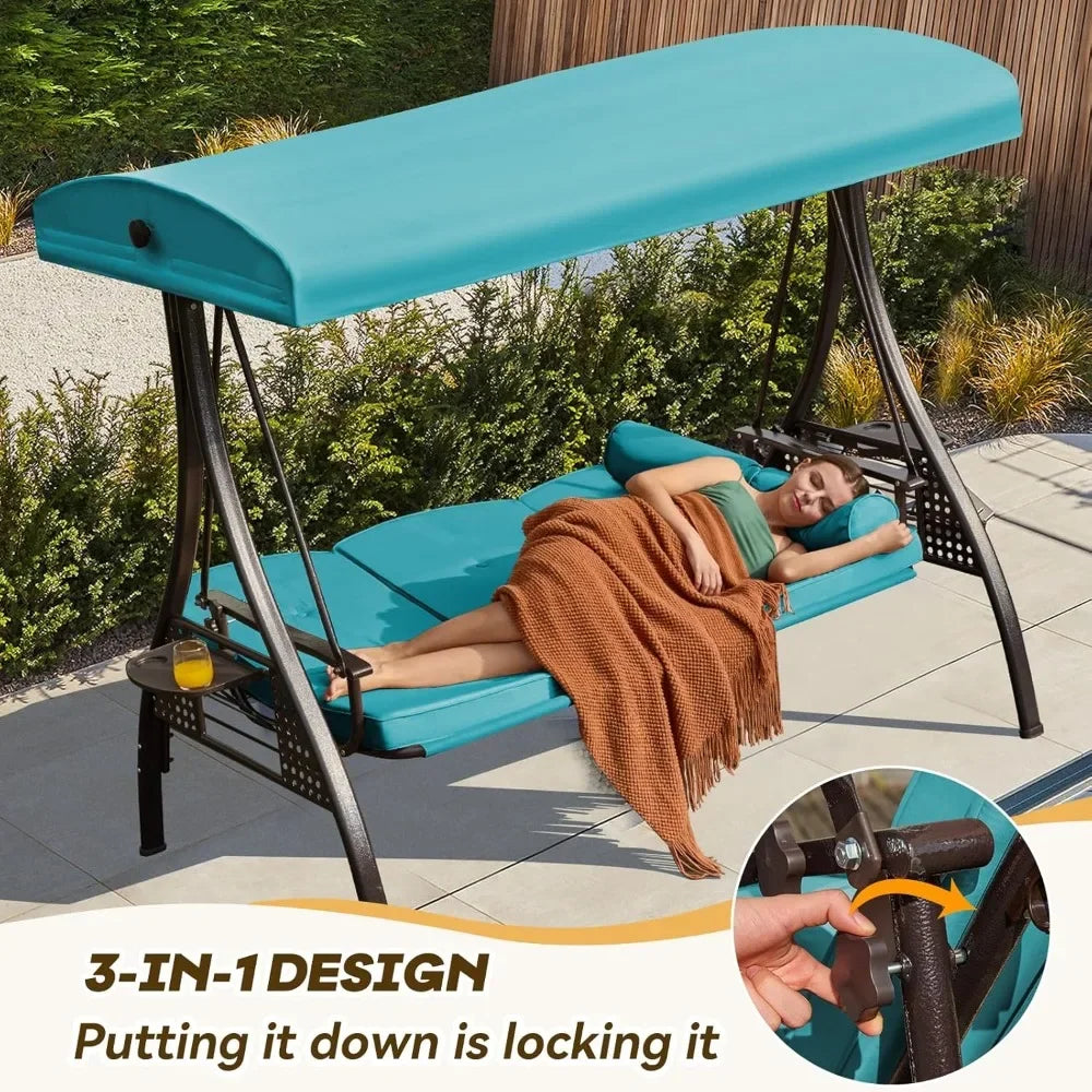 Outdoor Porch Swing with Adjustable Canopy, 3 Seat Outdoor Swing for Adults, Patio Swing Chair with Thickened Cushions