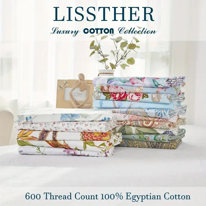 3pcs 600TC 100% Egyptian Cotton Duvet Cover Set, Pastel Pink Blue Garden Floral, Soft Skin-Friendly (No Inserts)