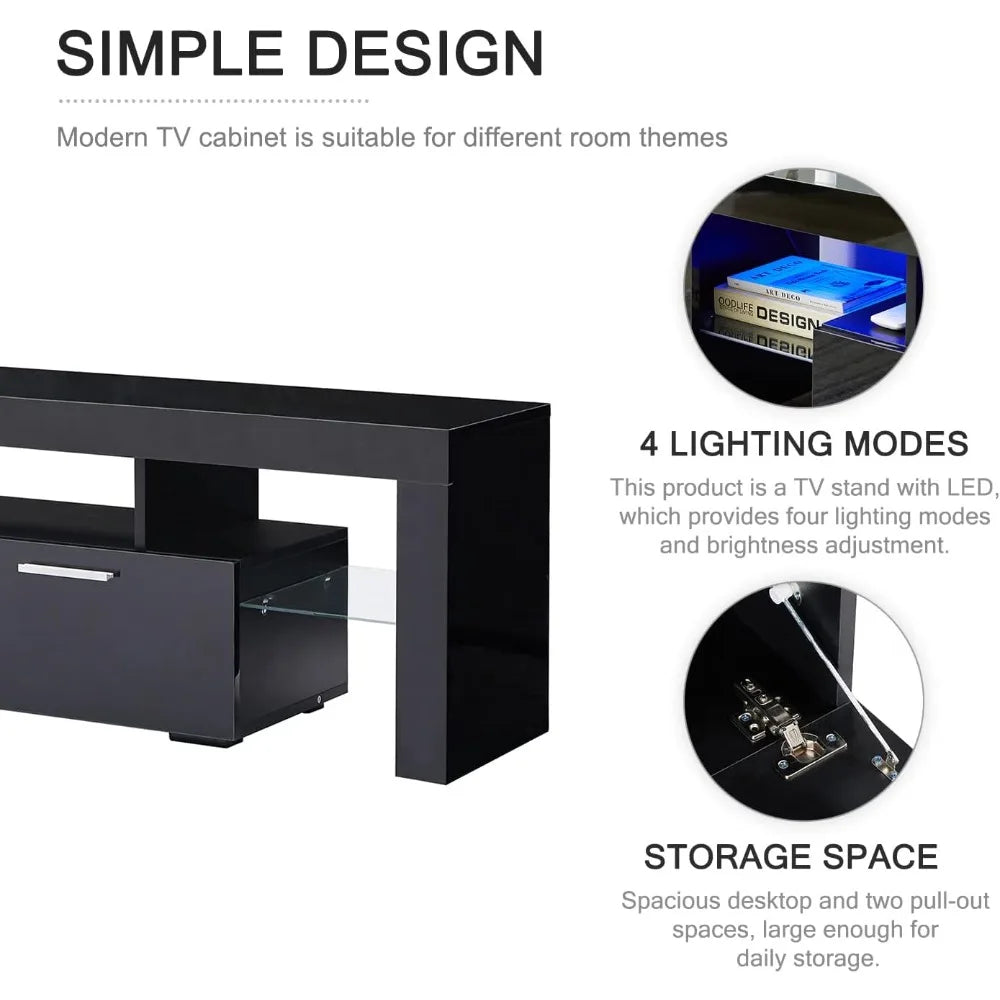 LED TV Stand for 75 Inch TV, High Gloss TV Entertainment Center with Storage Drawer, TV Console Table for Living Room, Bedroom