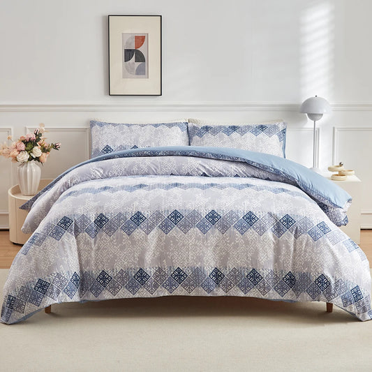 Duvet Cover Set, Bohemian Aztec Blue White Cream Bohemian Geometric Duvet Cover Set, Super Soft Lightweight 3 Piece Bedding Set