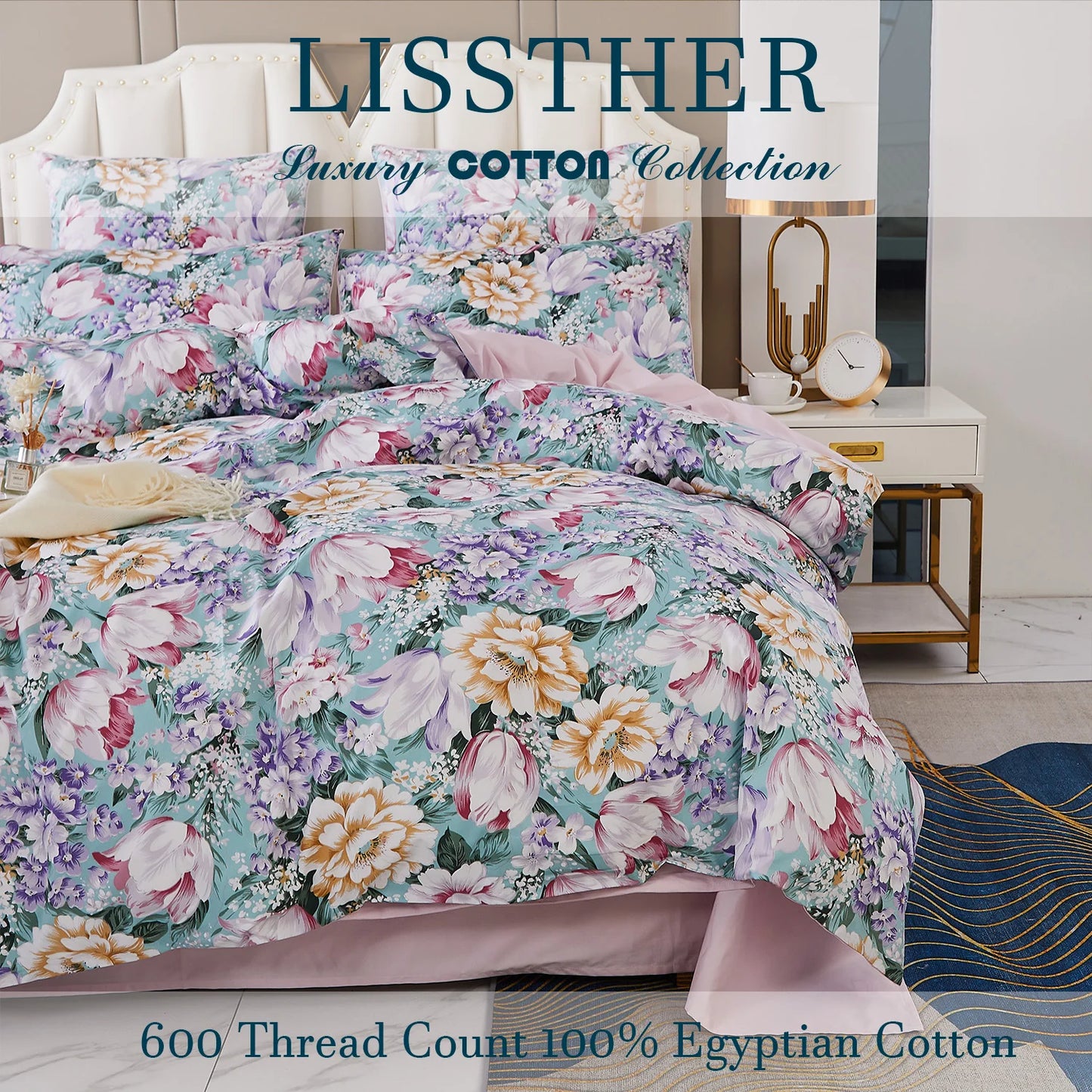 3pcs 600TC 100% Egyptian Cotton Duvet Cover Set, Pastel Pink Blue Garden Floral, Soft Skin-Friendly (No Inserts)