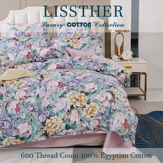 3pcs 600TC 100% Egyptian Cotton Duvet Cover Set, Pastel Pink Blue Garden Floral, Soft Skin-Friendly (No Inserts)