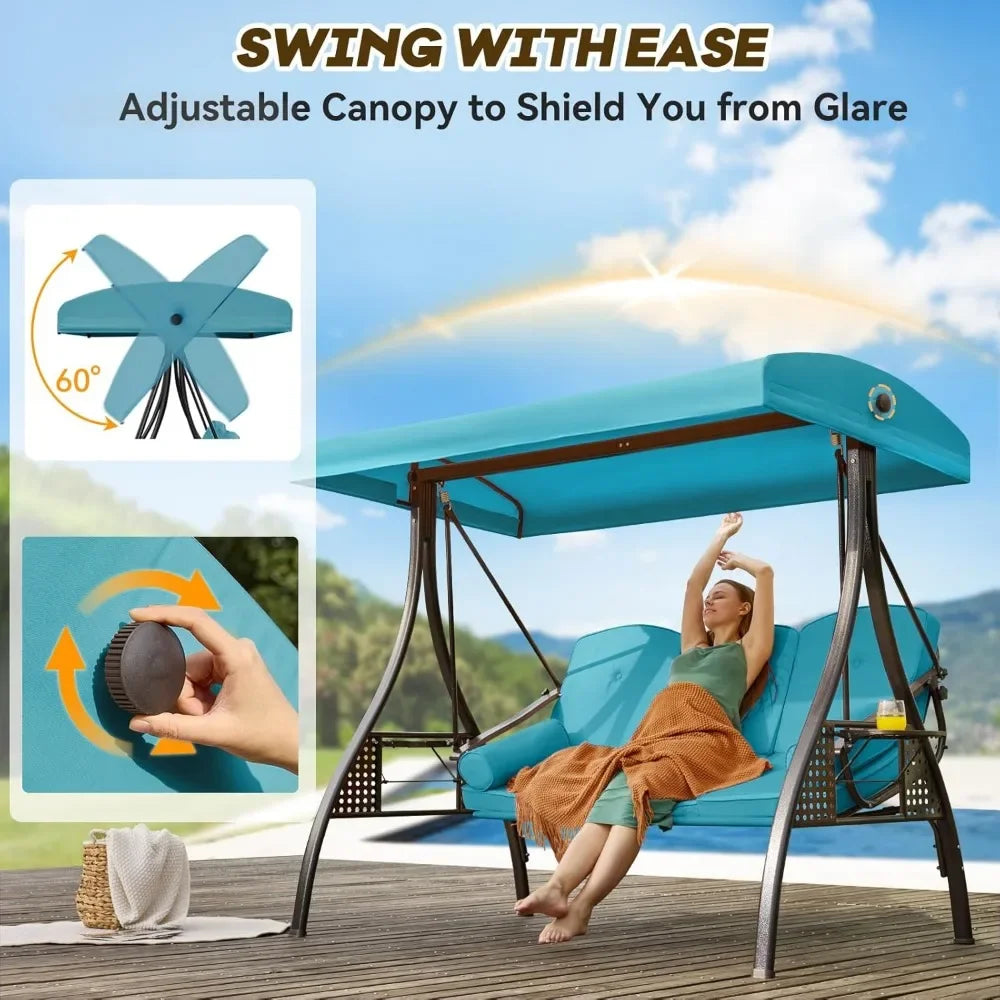 Outdoor Porch Swing with Adjustable Canopy, 3 Seat Outdoor Swing for Adults, Patio Swing Chair with Thickened Cushions