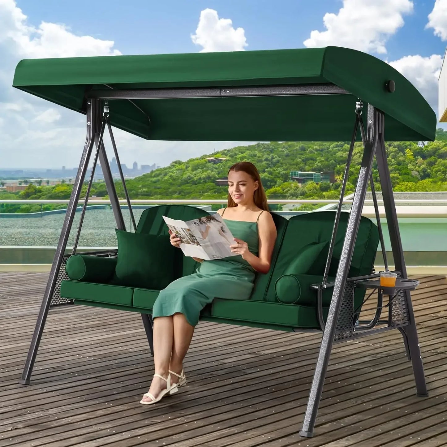 Outdoor Porch Swing with Adjustable Canopy, 3 Seat Outdoor Swing for Adults, Patio Swing Chair with Thickened Cushions
