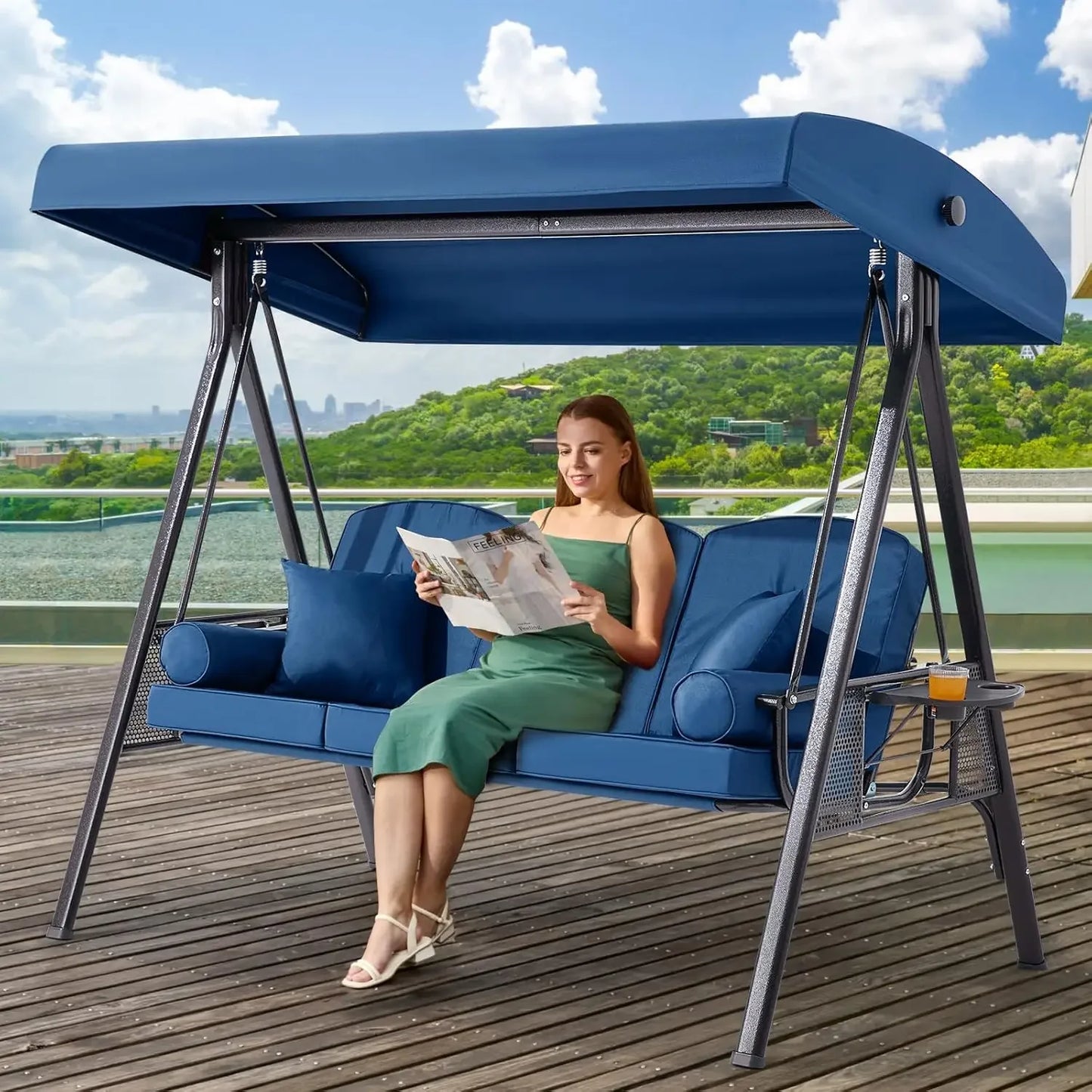 Outdoor Porch Swing with Adjustable Canopy, 3 Seat Outdoor Swing for Adults, Patio Swing Chair with Thickened Cushions