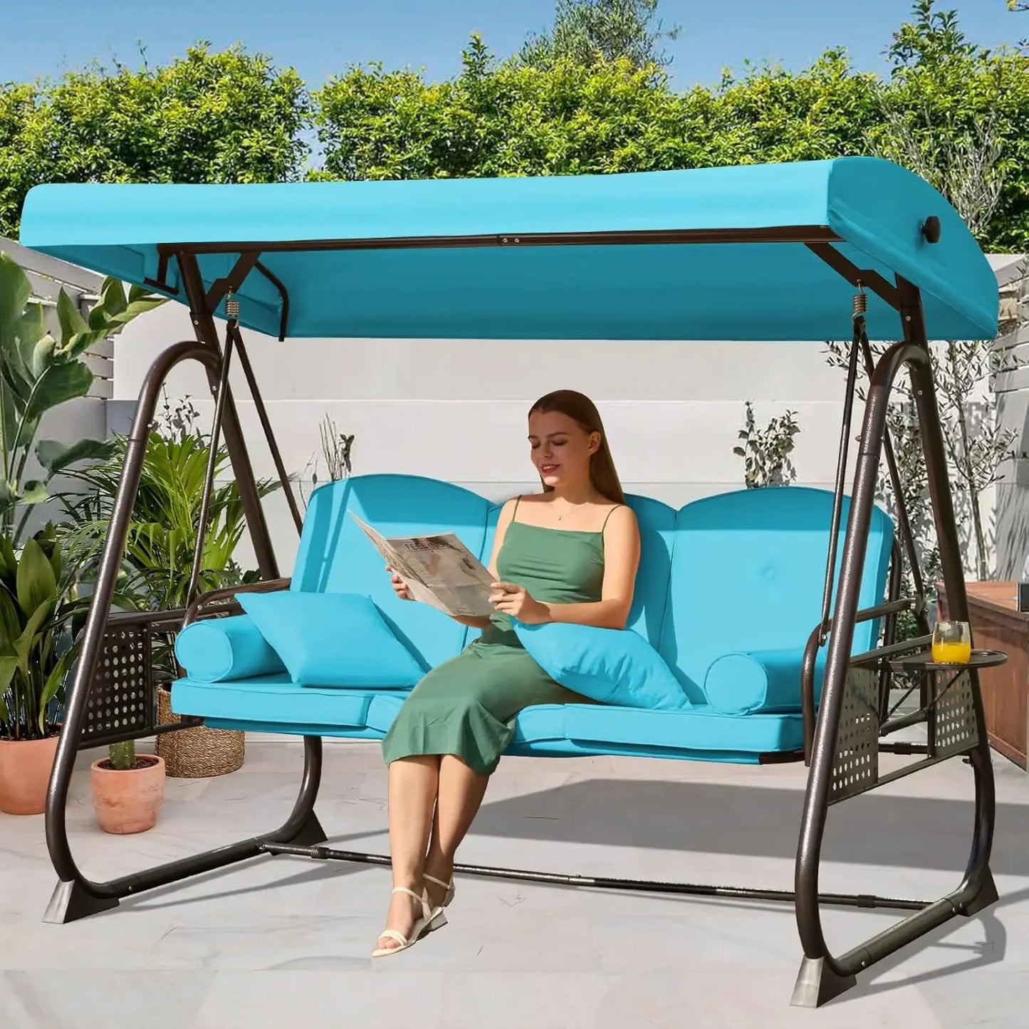 Outdoor Porch Swing with Adjustable Canopy, 3 Seat Outdoor Swing for Adults, Patio Swing Chair with Thickened Cushions