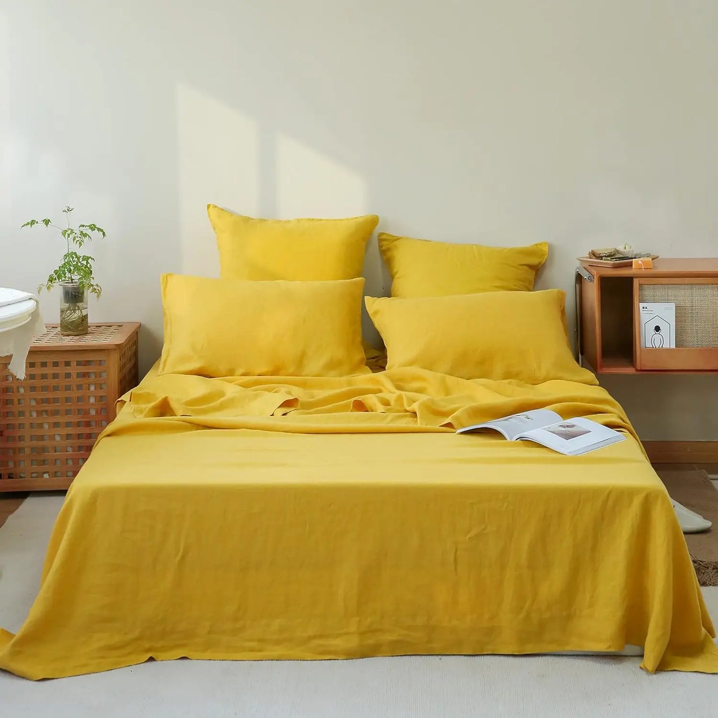 Simple&Opulence 3/4 Pcs 100% Bed Linen Sheet Set Basic Style Washed Natural French Flax Soft Breathable Comforter Sheets Sets