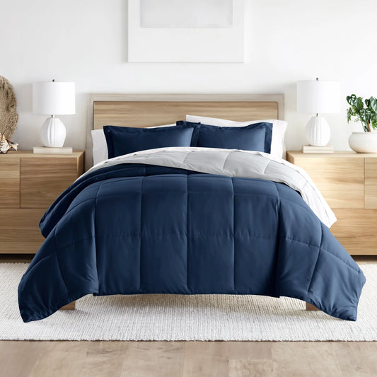 3-Piece Navy & Gray Reversible down Alternative Comforter Set, Full/Queen