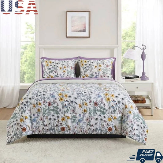 7 Piece Reversible Comforter Set with Sheets Floral Design Soft Polyester Includes Pillow Shams Storage Bag Unisex Bedding