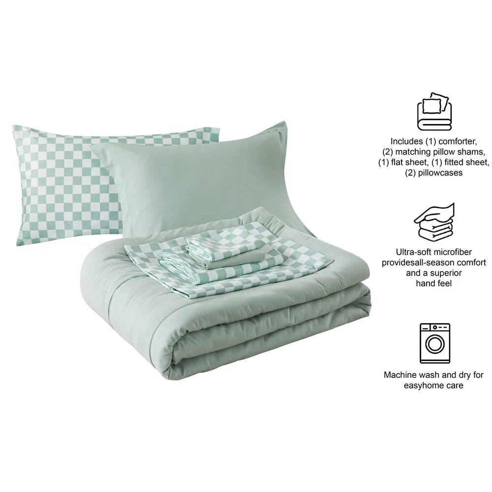 7 Piece Reversible Bed in a Bag Comforter Set with Sheets Soft Polyester Queen Bedding Set Machine Washable Storage Bag