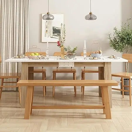 Extendable Dining Table for 6-10 People, Modern Wood Rectangular Expandable Kitchen Dinner Table for Dining Room, White and Wal