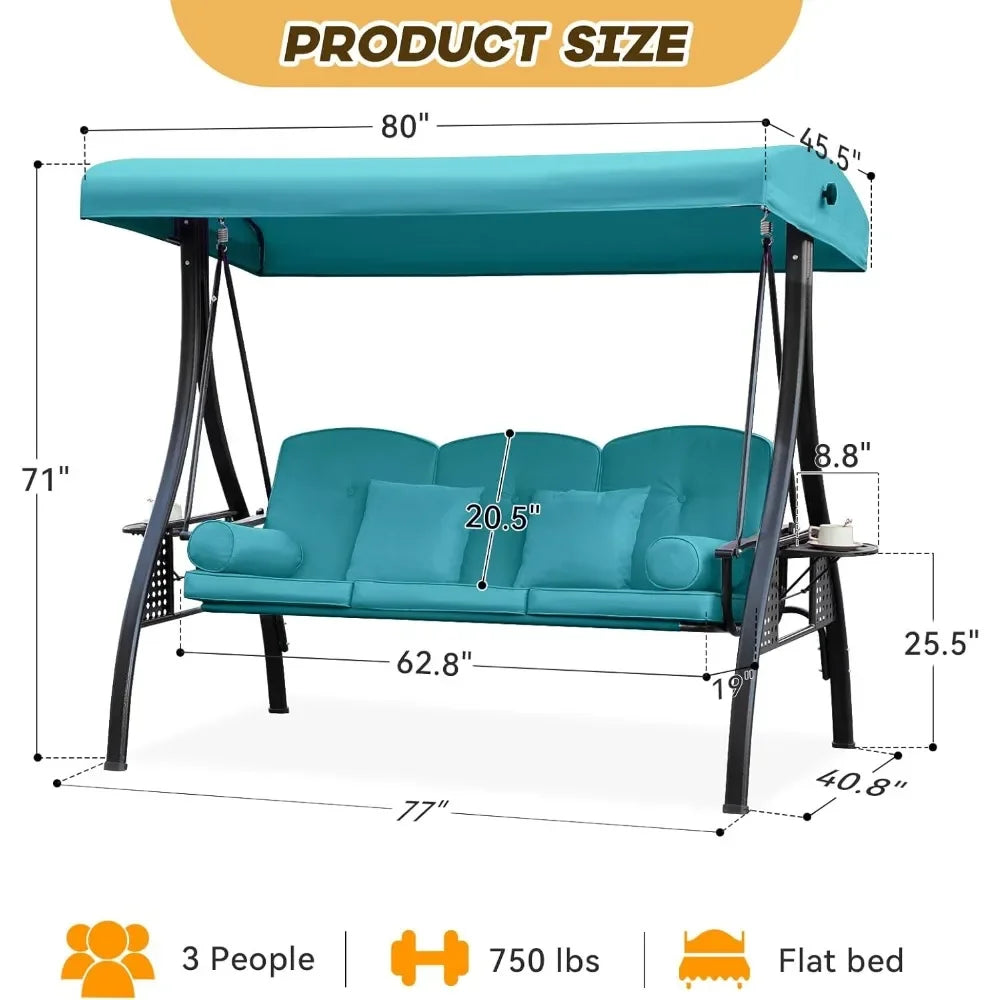 Outdoor Porch Swing with Adjustable Canopy, 3 Seat Outdoor Swing for Adults, Patio Swing Chair with Thickened Cushions