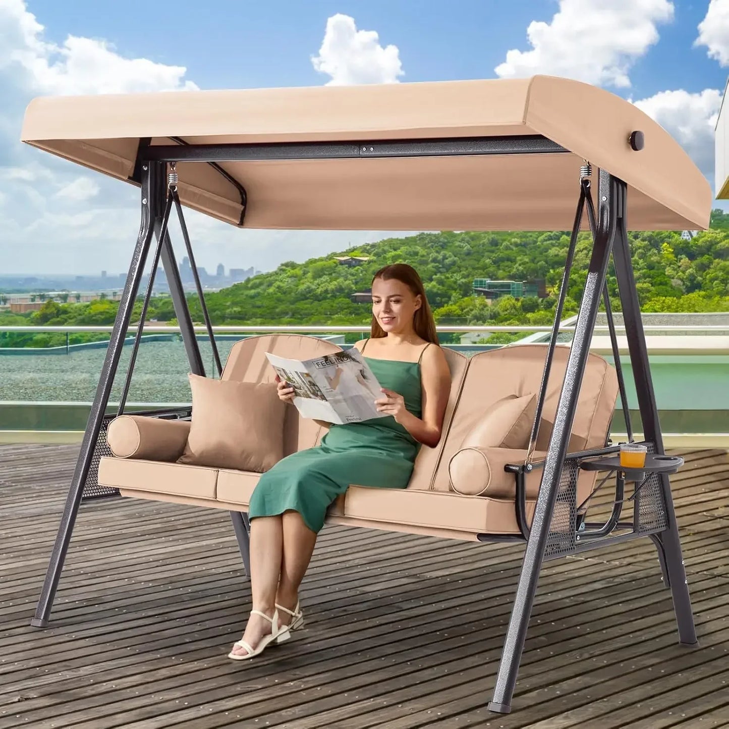 Outdoor Porch Swing with Adjustable Canopy, 3 Seat Outdoor Swing for Adults, Patio Swing Chair with Thickened Cushions