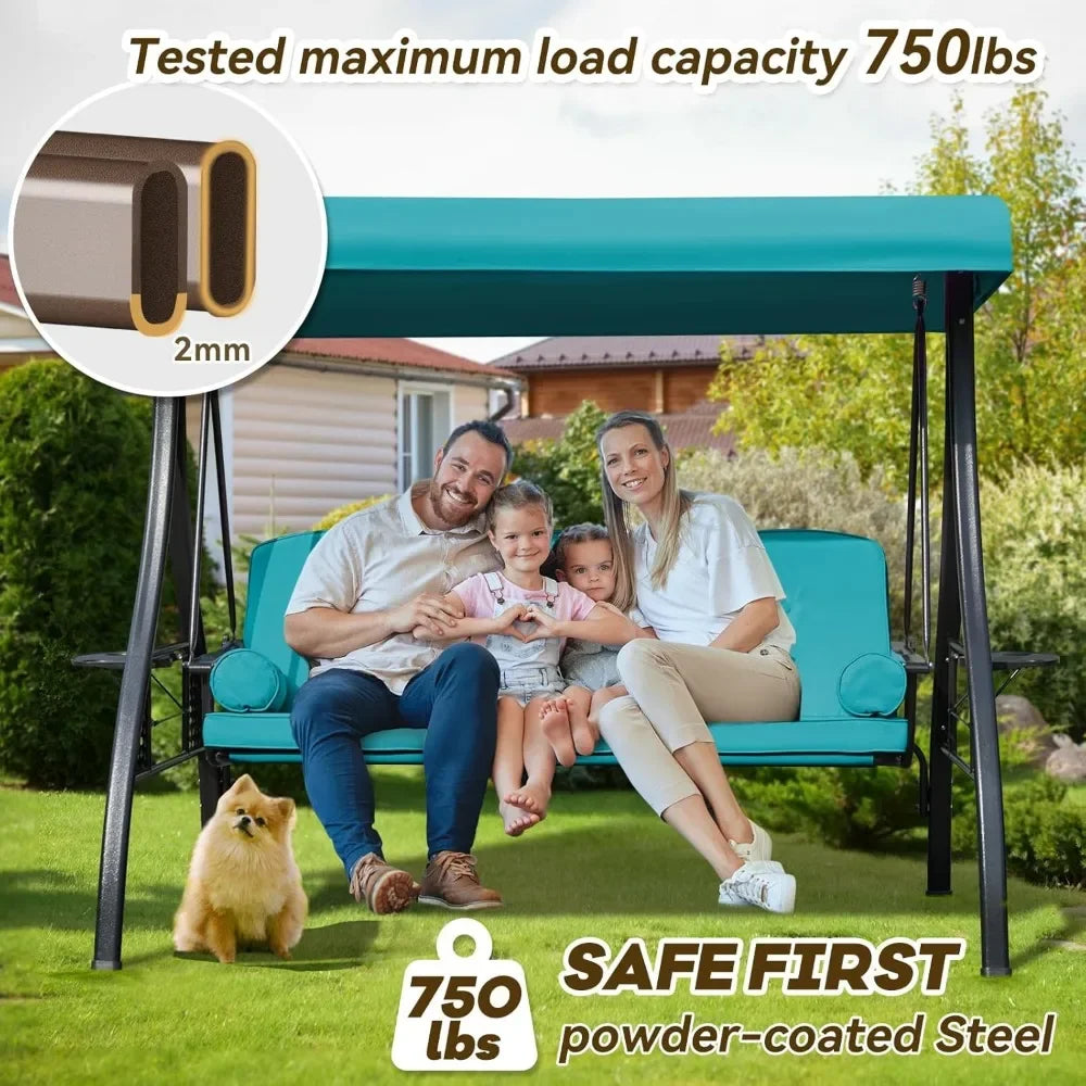 Outdoor Porch Swing with Adjustable Canopy, 3 Seat Outdoor Swing for Adults, Patio Swing Chair with Thickened Cushions