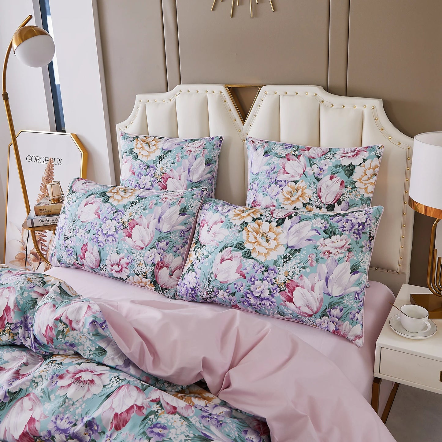 3pcs 600TC 100% Egyptian Cotton Duvet Cover Set, Pastel Pink Blue Garden Floral, Soft Skin-Friendly (No Inserts)