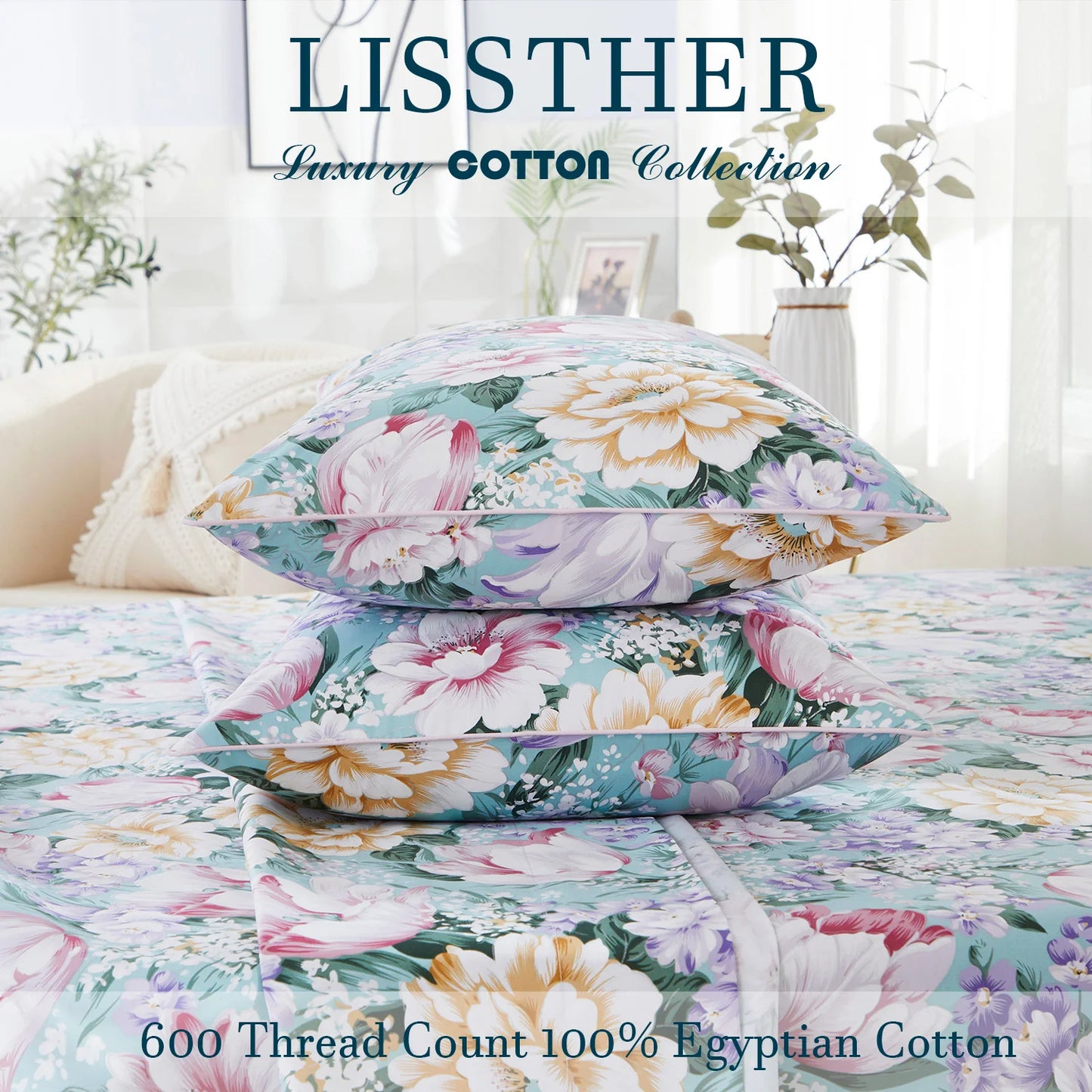 3pcs 600TC 100% Egyptian Cotton Duvet Cover Set, Pastel Pink Blue Garden Floral, Soft Skin-Friendly (No Inserts)