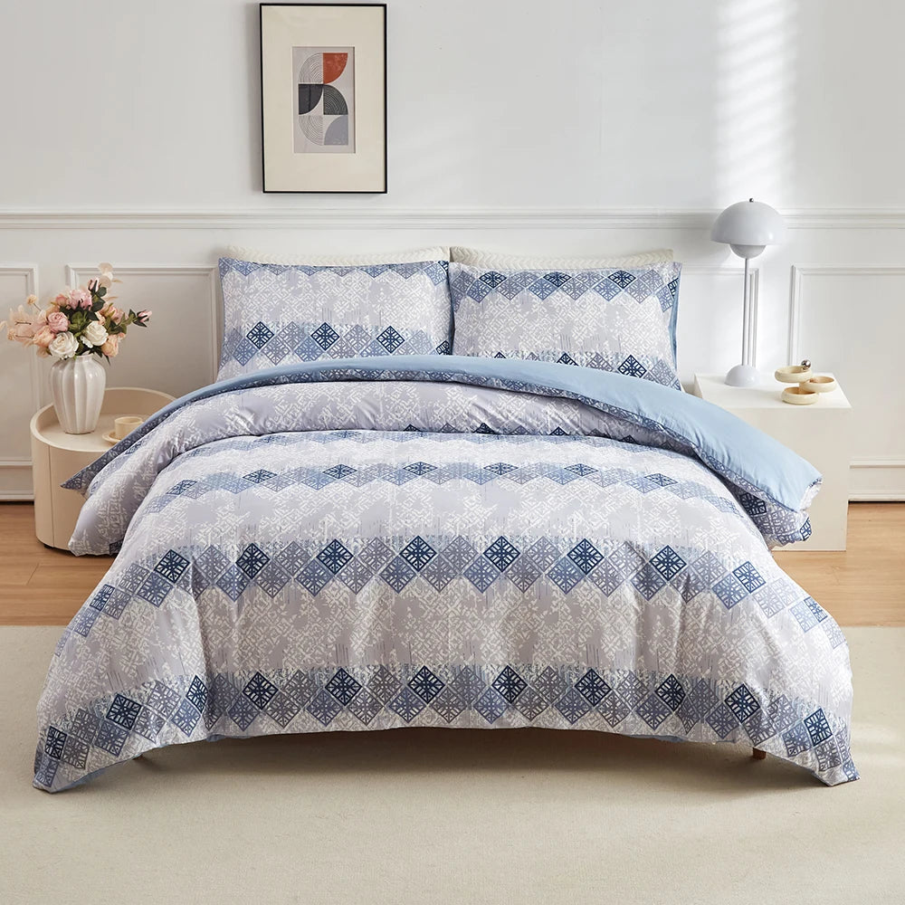 Duvet Cover Set, Bohemian Aztec Blue White Cream Bohemian Geometric Duvet Cover Set, Super Soft Lightweight 3 Piece Bedding Set