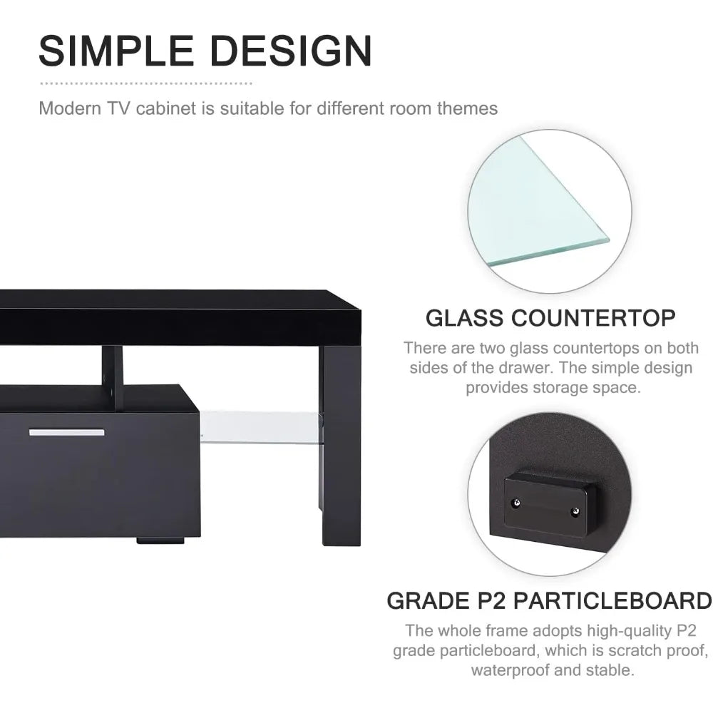 LED TV Stand for 75 Inch TV, High Gloss TV Entertainment Center with Storage Drawer, TV Console Table for Living Room, Bedroom