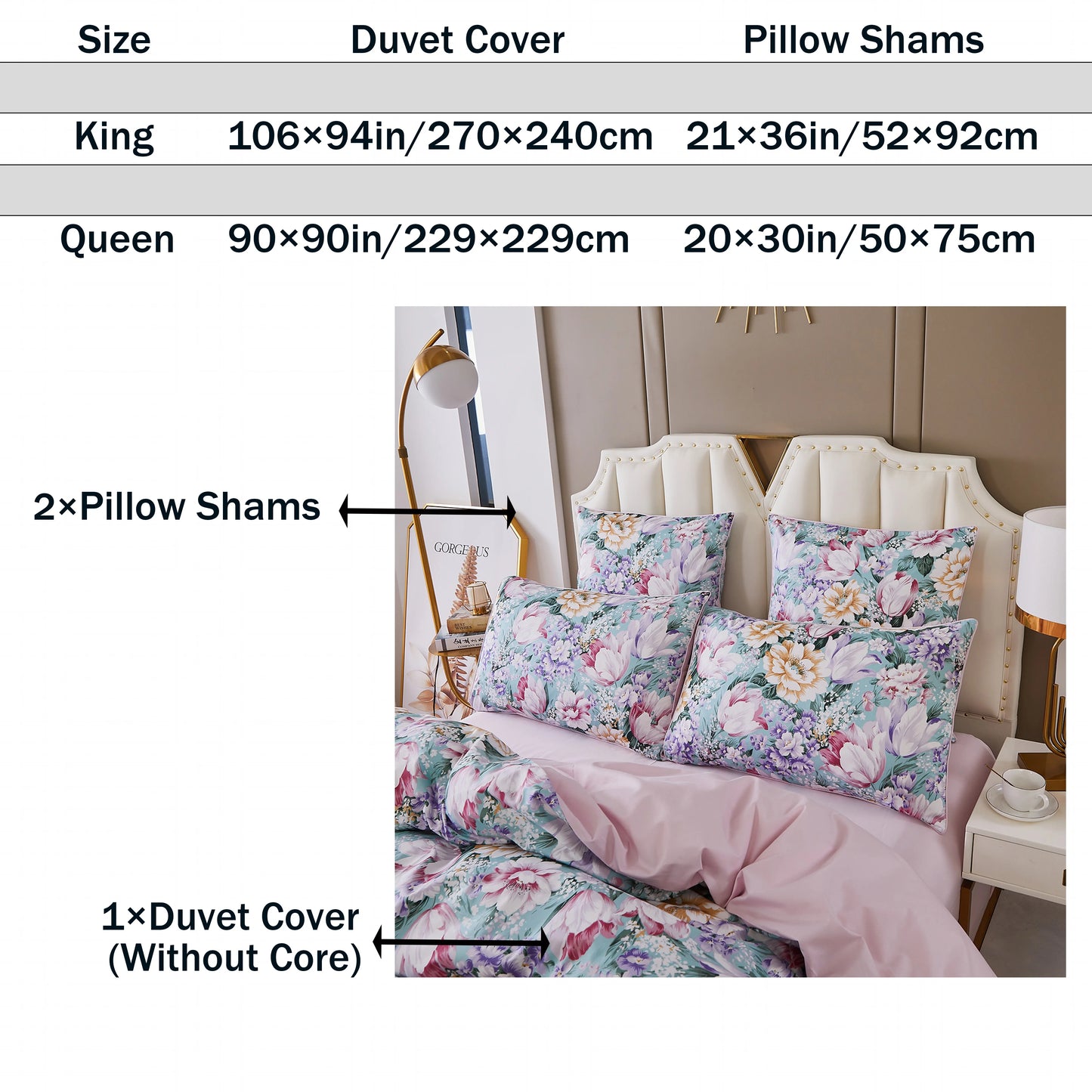 3pcs 600TC 100% Egyptian Cotton Duvet Cover Set, Pastel Pink Blue Garden Floral, Soft Skin-Friendly (No Inserts)