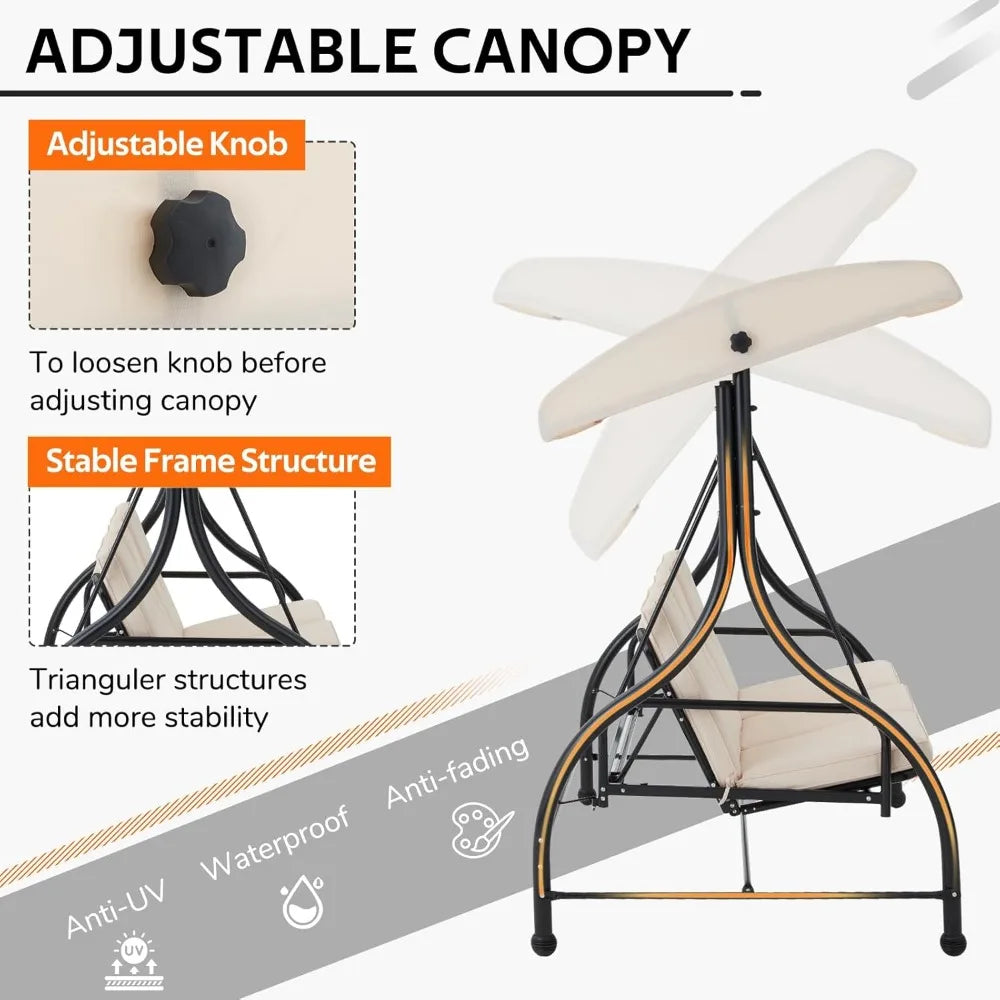Porch Swing Chair with Adjustable Backrest&Canopy,  3 Seat Patio Swing with Canopy 2-in-1 Convertible Outdoor Swing